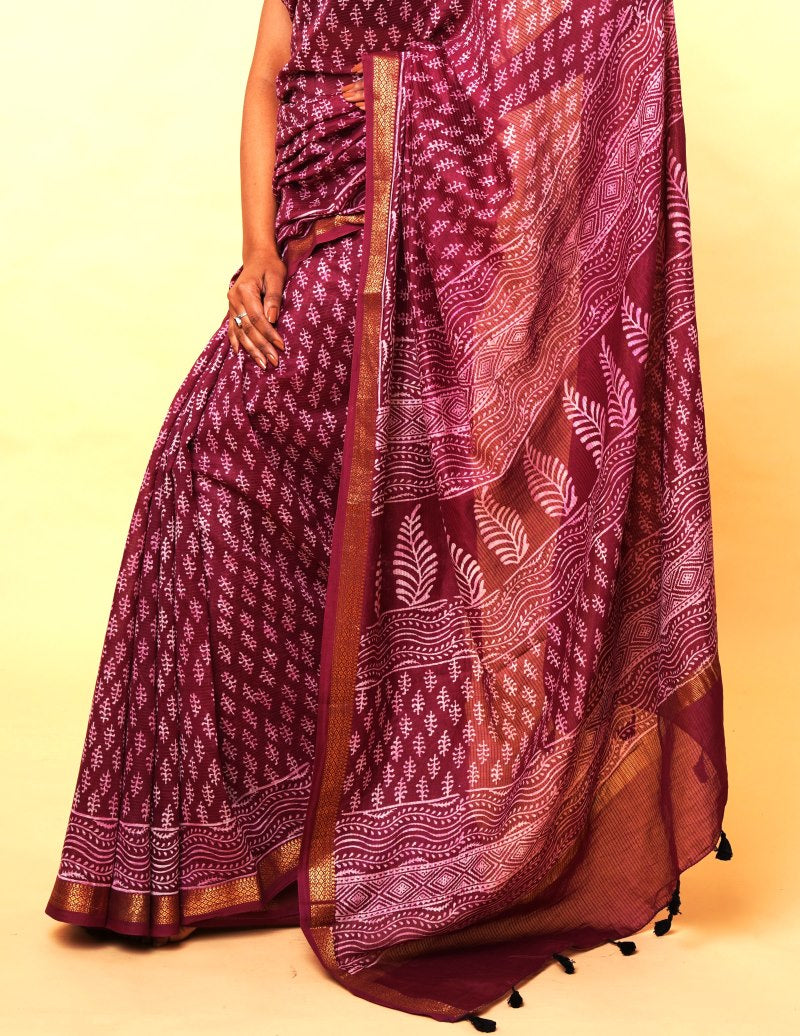 Burgundy Buti Dabu Print Maheshwari Cotton Silk Saree