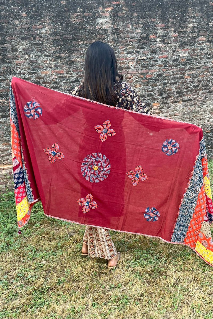 Maroon Cotton Ajrakh Dupatta