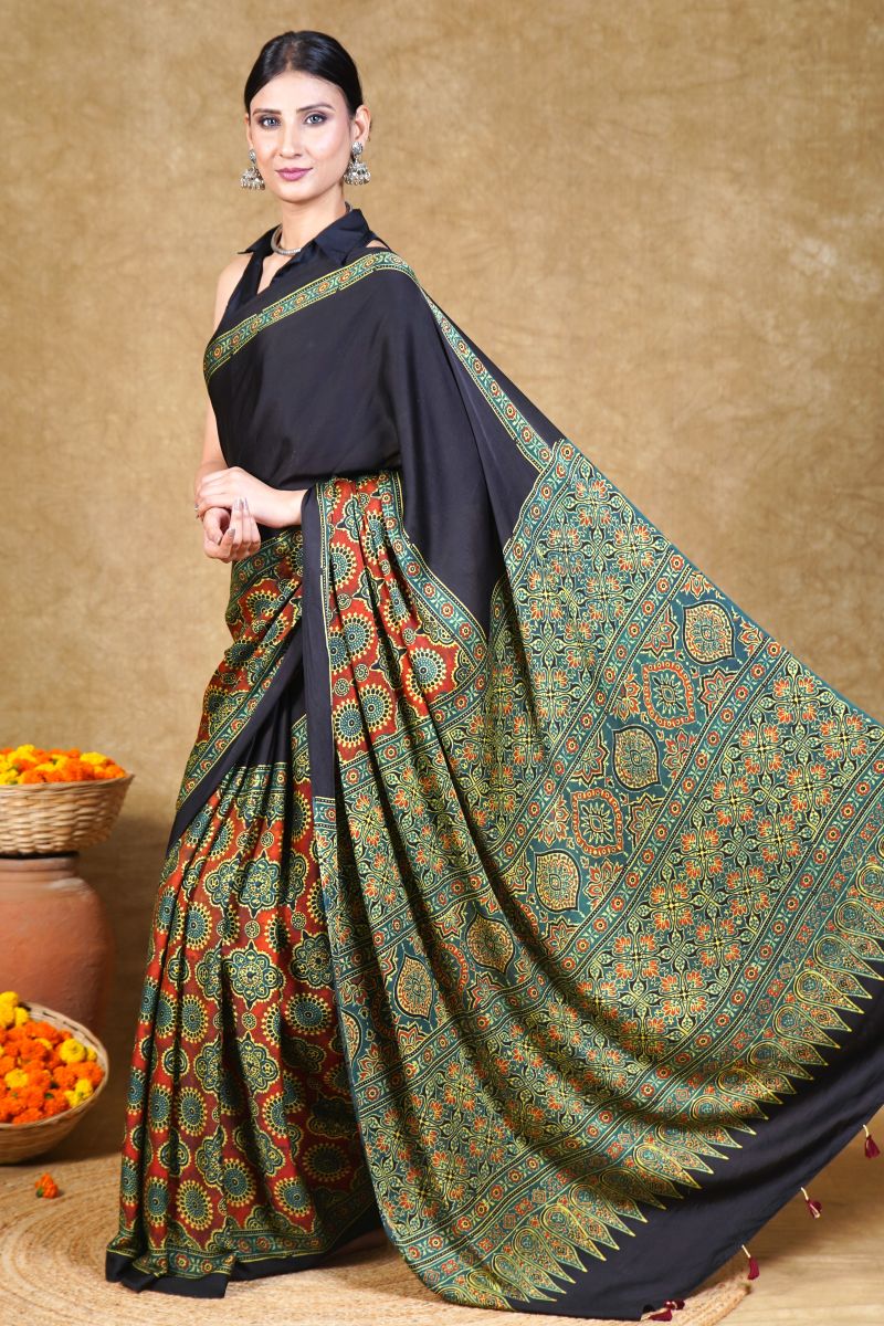 Green By Black Ajrakh Modal Silk Saree