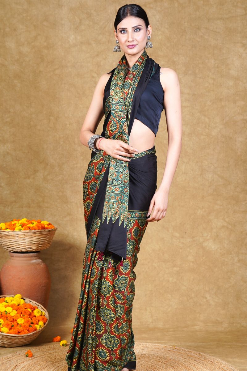 Green By Black Ajrakh Modal Silk Saree