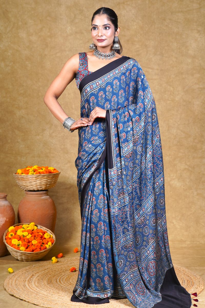 Indigo Ajrakh Modal Silk Saree