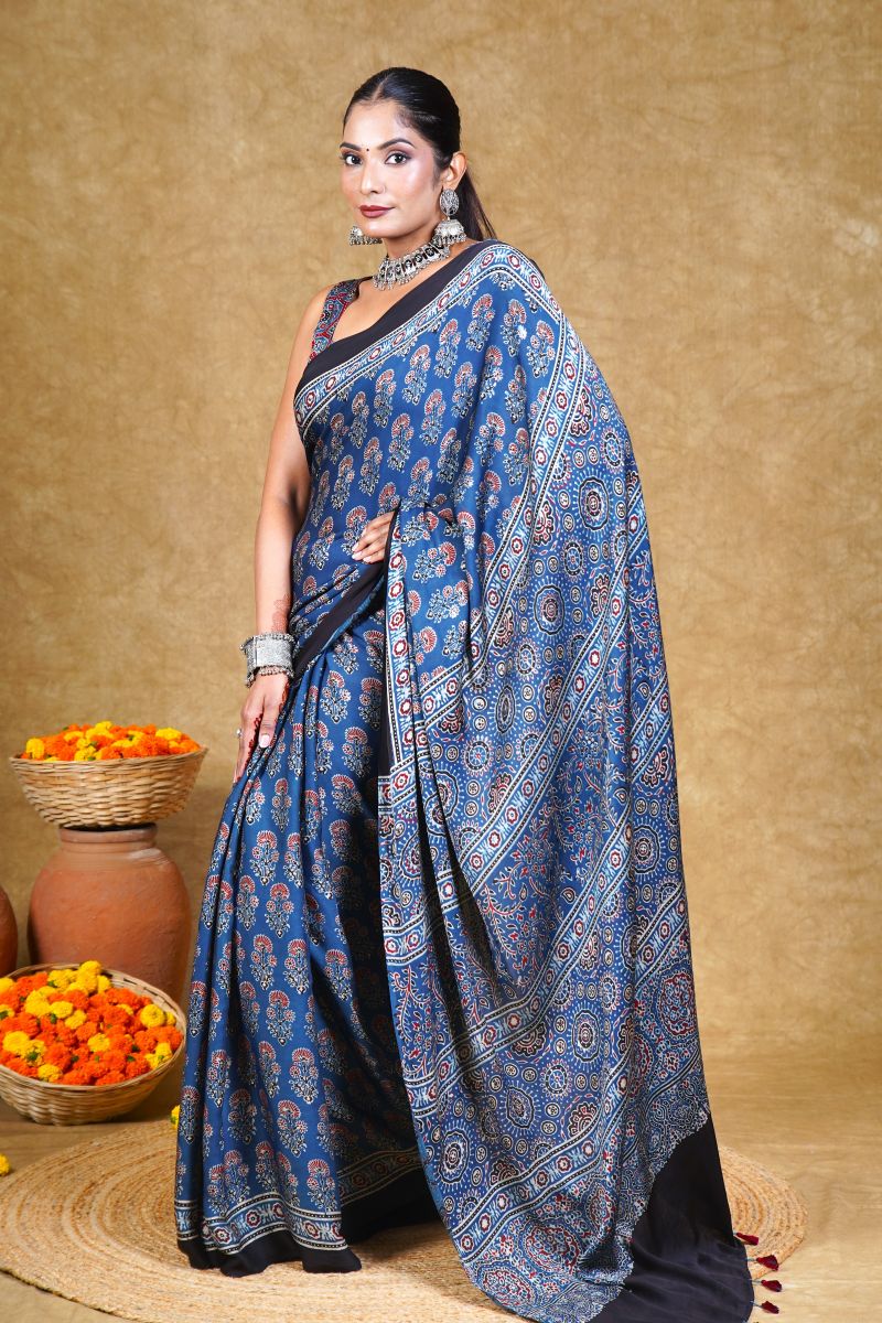 Blue Ajrakh Modal Silk Saree
