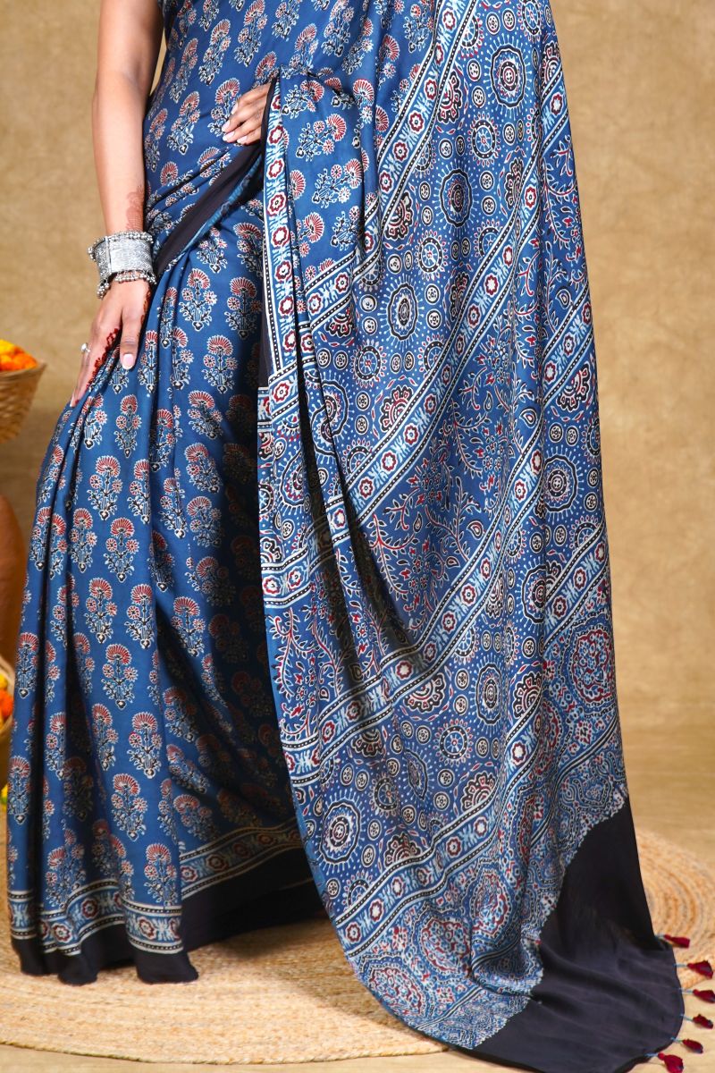Indigo Floral Ajrakh Modal Silk Saree