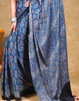 Indigo Floral Ajrakh Modal Silk Saree