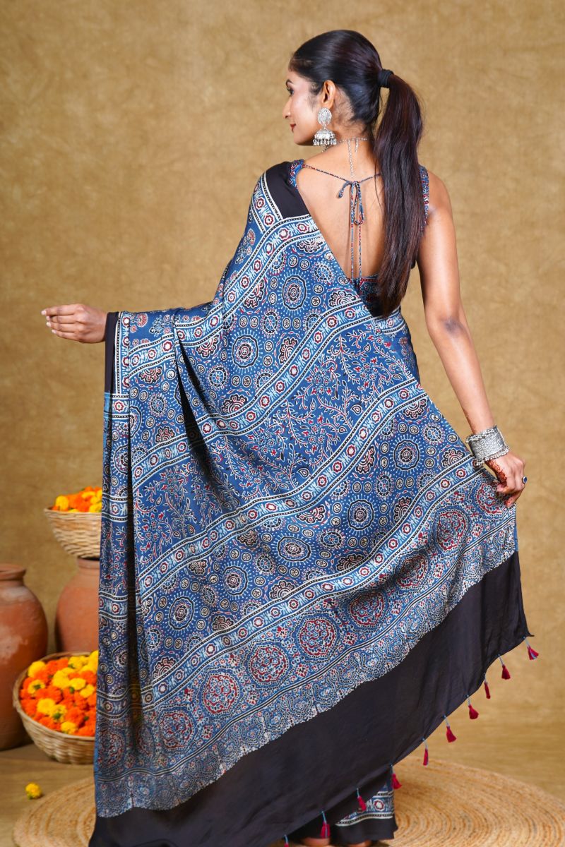 Indigo Floral Modal Silk Ajrakh Saree