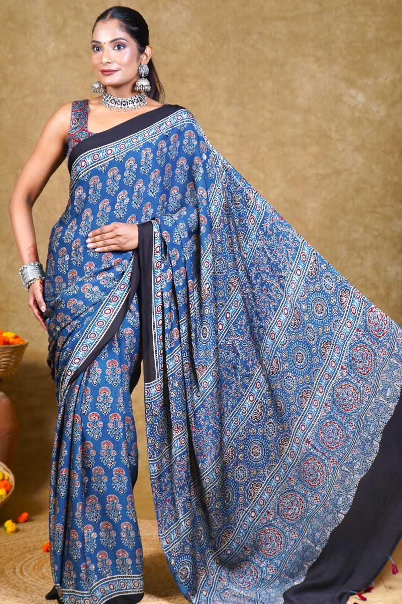 Indigo Floral Modal Silk Ajrakh Saree