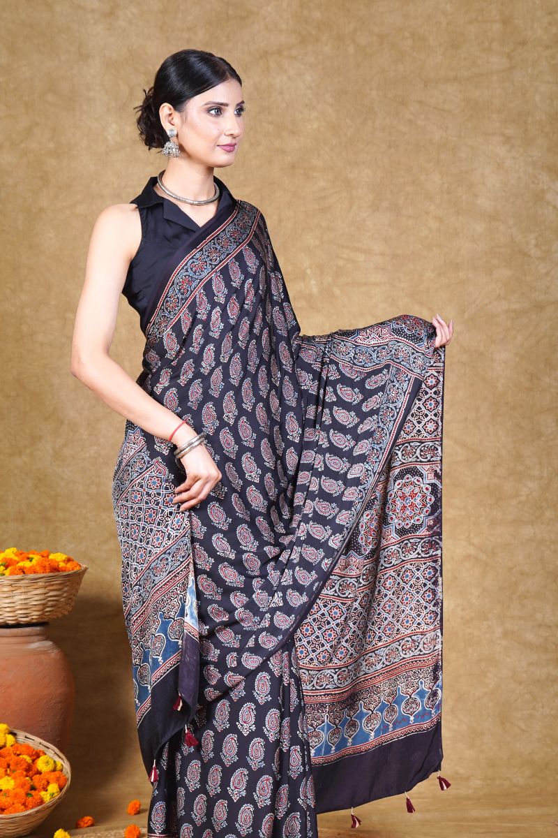 Black Paisley Ajrakh Modal Silk Saree