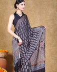 Black Paisley Ajrakh Modal Silk Saree
