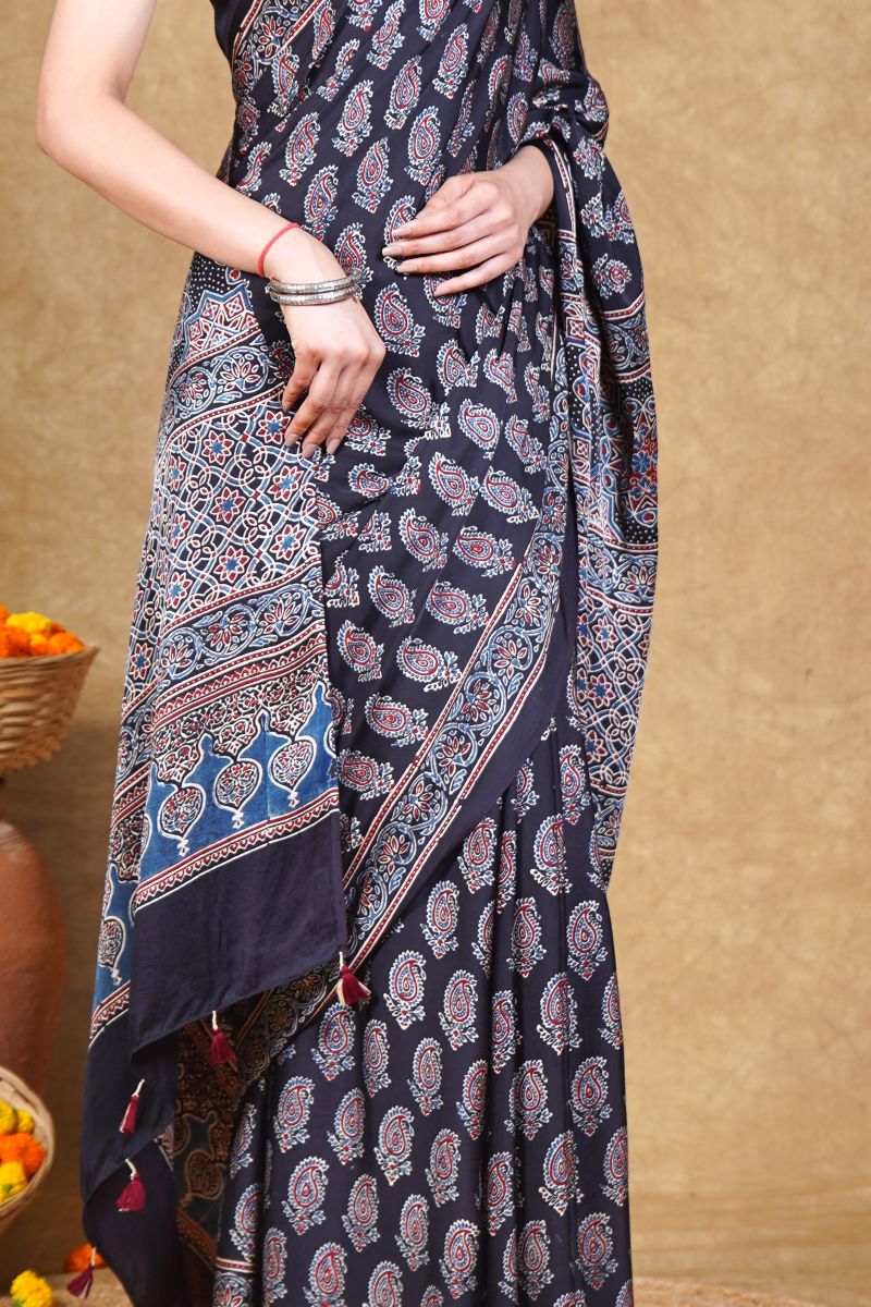 Black Paisley Ajrakh Modal Silk Saree