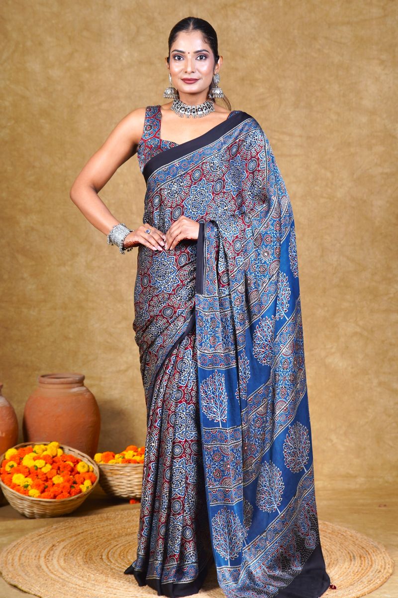 Blue Ajrakh Modal Silk Saree