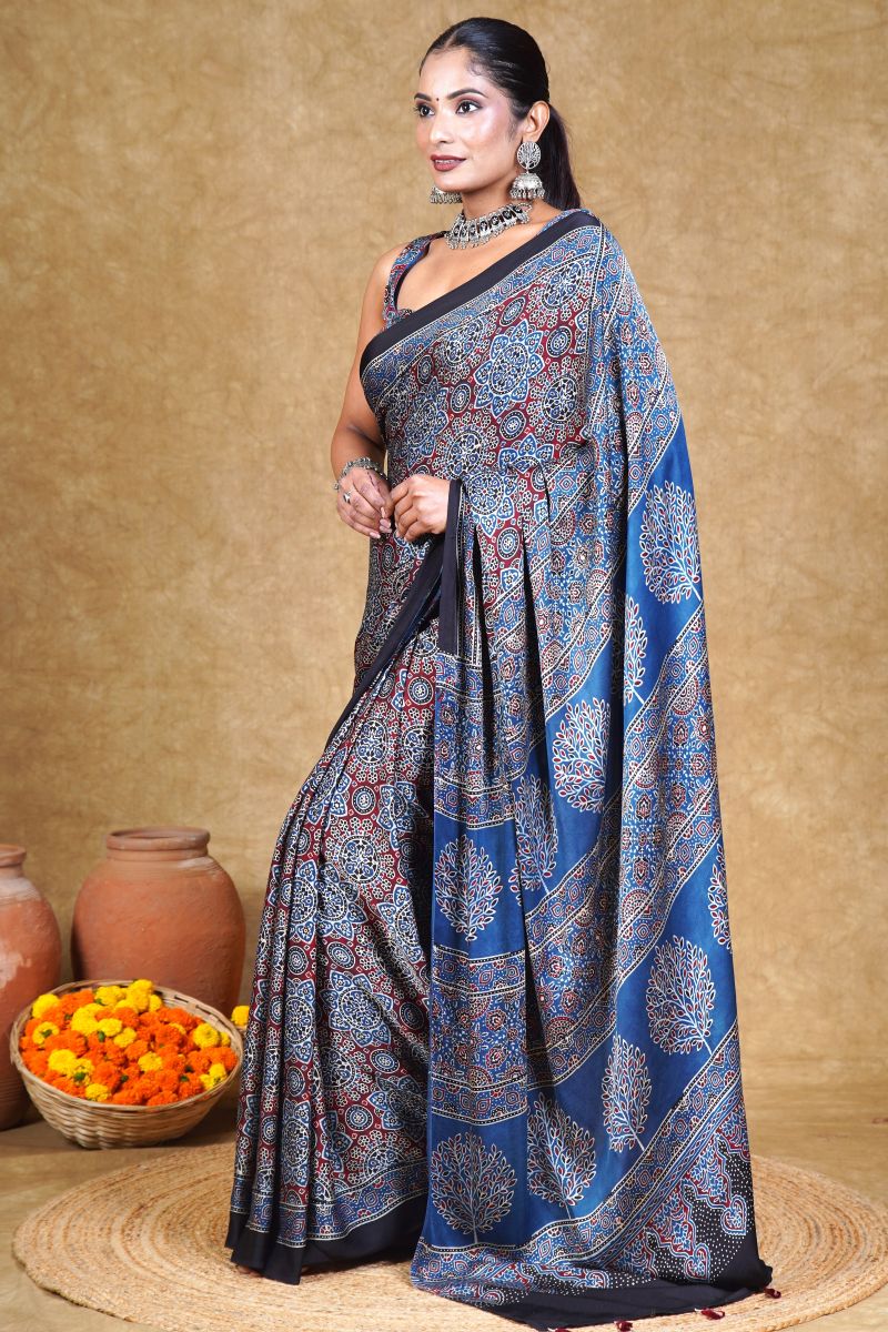 Indigo Ajrakh Modal Silk Saree