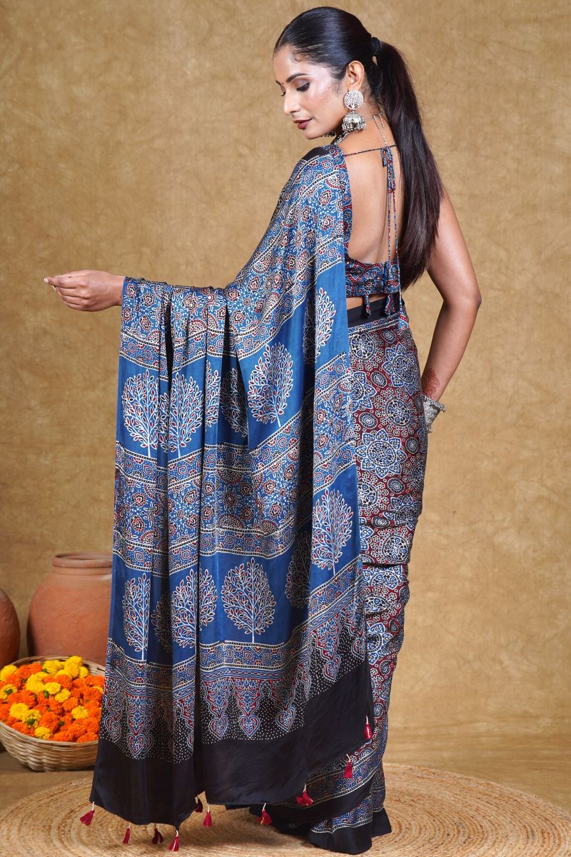 Blue Ajrakh Silk Saree