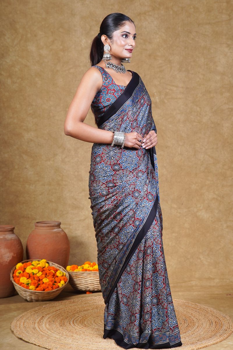 Indigo Modal Silk Ajrakh Saree