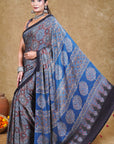 Blue Minkundi Ajrakh Modal Silk Saree