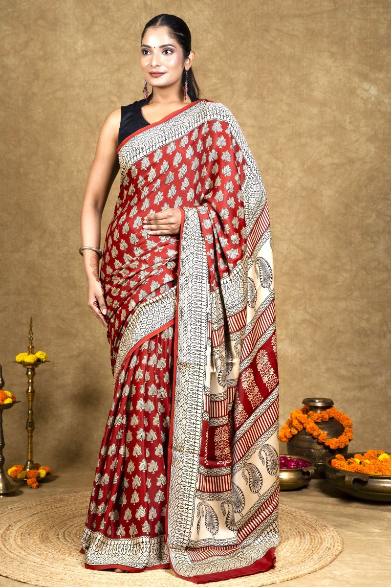 Red Bagh Hand Block Printed Modal Silk Saree