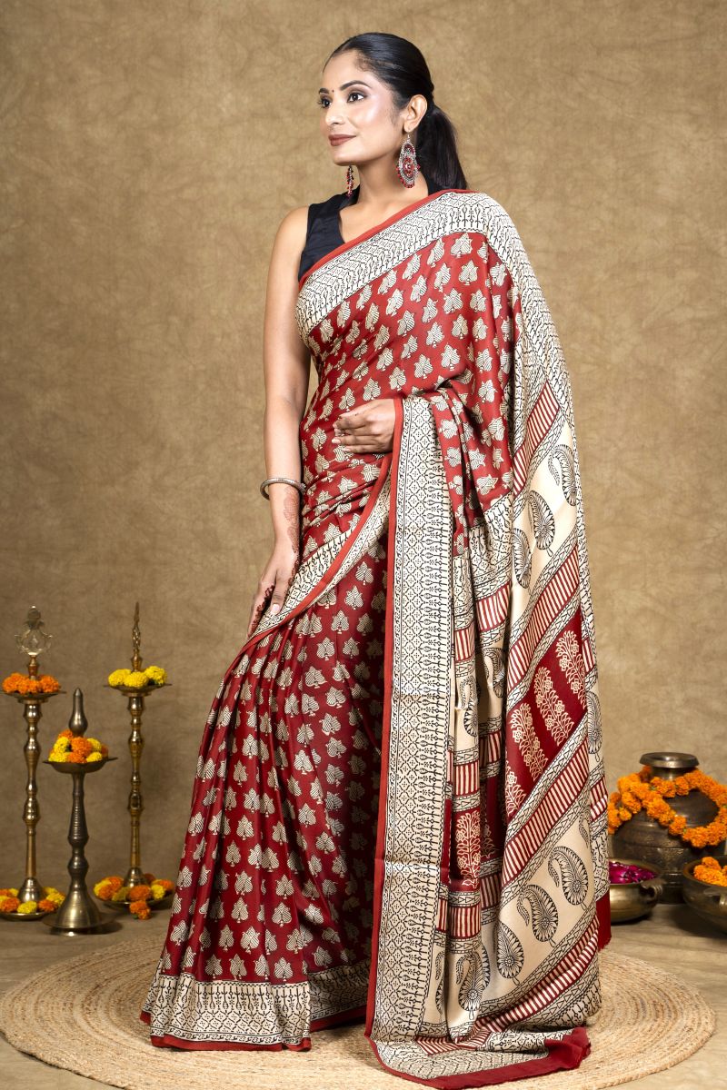 Red Flora Bagh Hand Block Printed Modal Silk Saree
