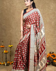 Red Flora Bagh Hand Block Printed Modal Silk Saree