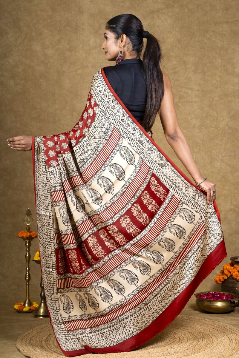 Red Flora Bagh Hand Block Printed Modal Silk Saree