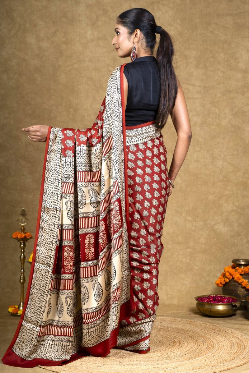 Red Flora Bagh Hand Block Printed Modal Silk Saree