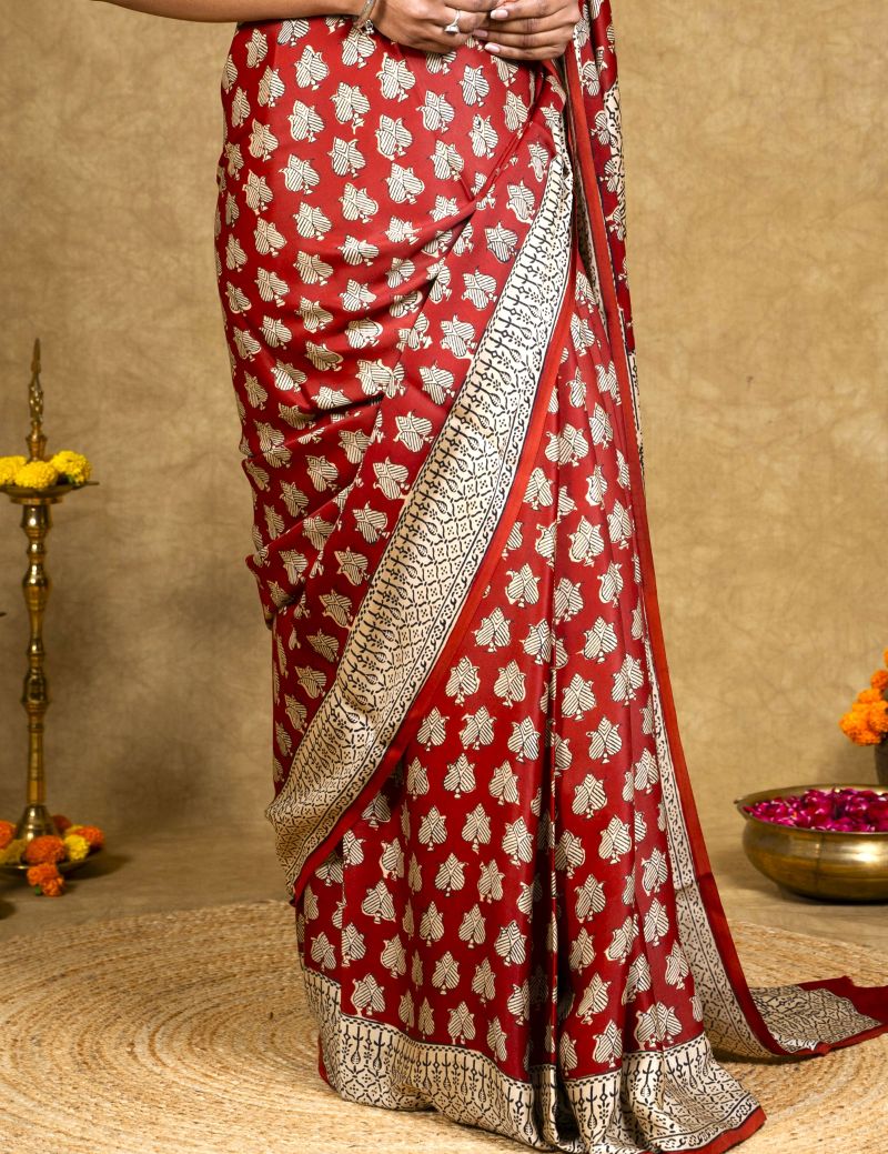 Red Flora Bagh Hand Block Printed Modal Silk Saree
