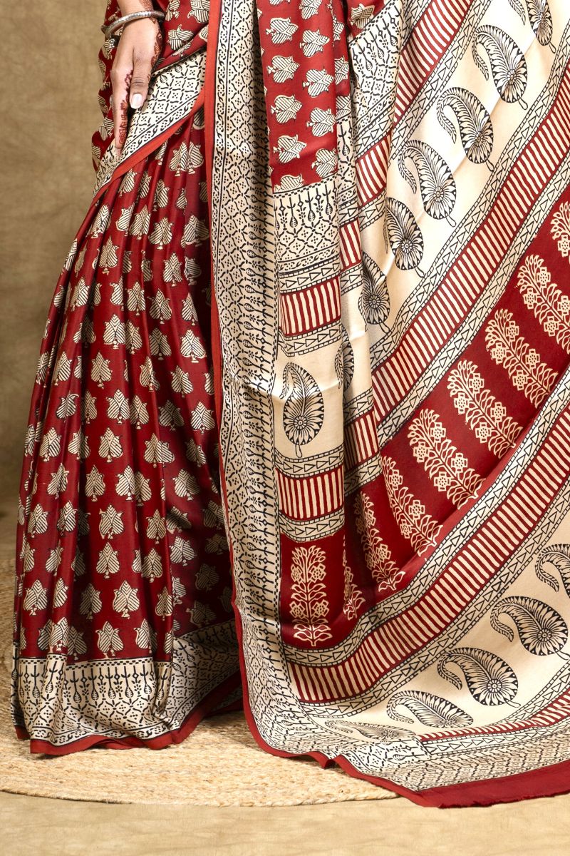 Red Flora Bagh Hand Block Printed Modal Silk Saree