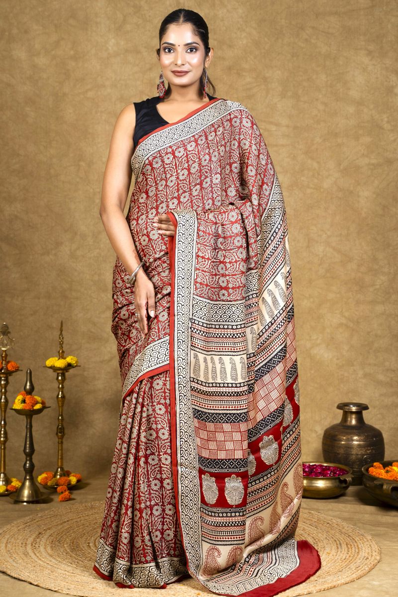 Red Bagh Hand Block Printed Modal Silk Saree