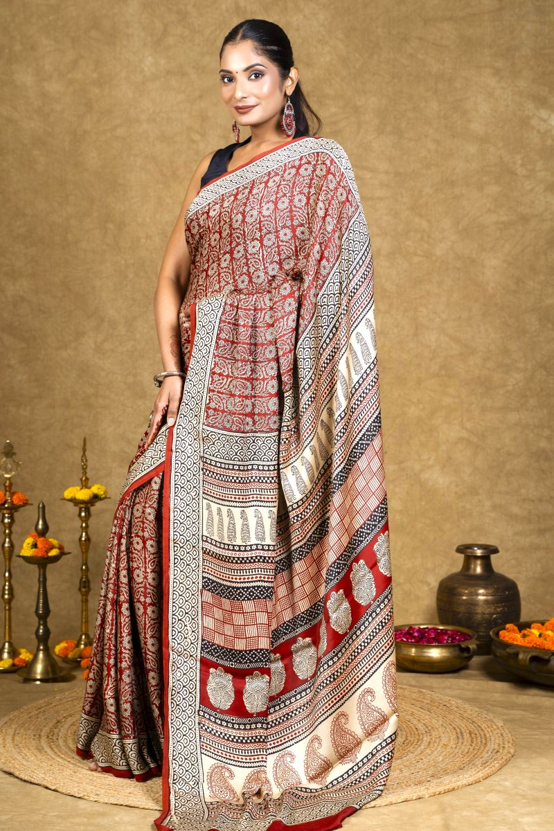 Red Bagh Hand Block Printed Modal Silk Saree