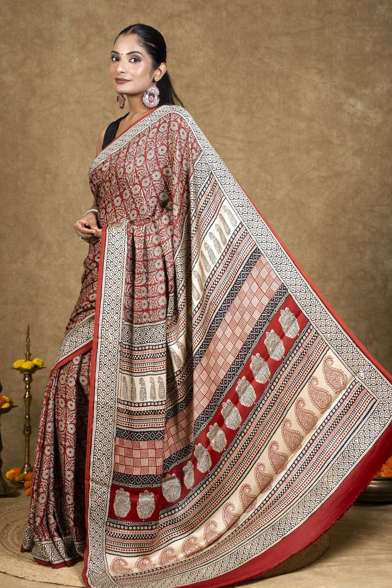 Red Bagh Hand Block Printed Modal Silk Saree