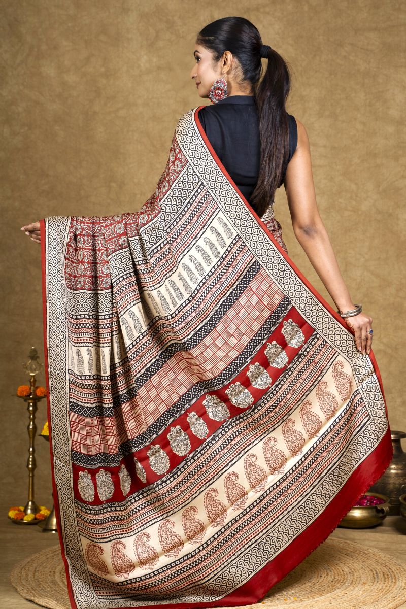 Red Bagh Hand Block Printed Modal Silk Saree