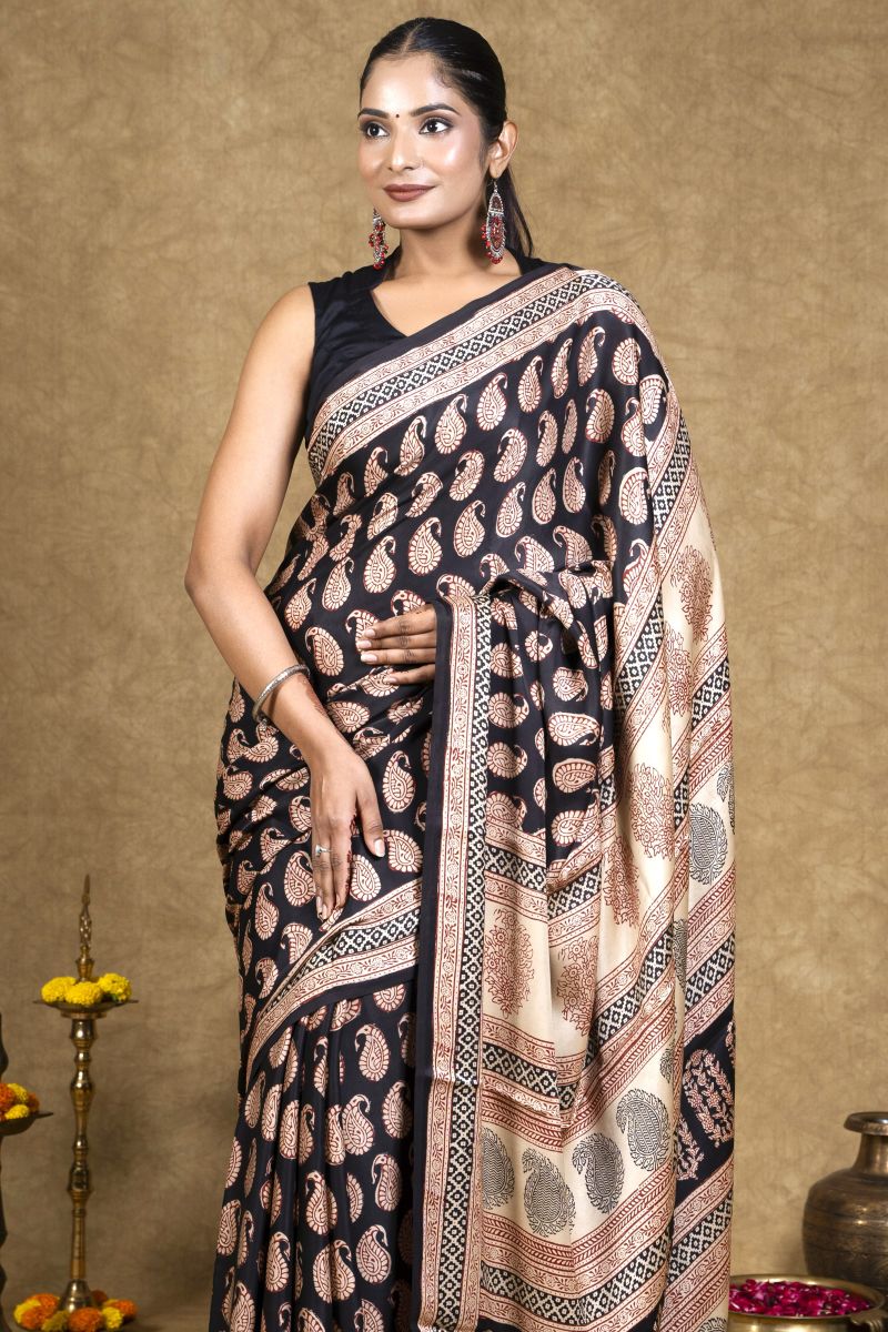 Black Red Paisley Bagh Hand Block Printed Modal Silk Saree
