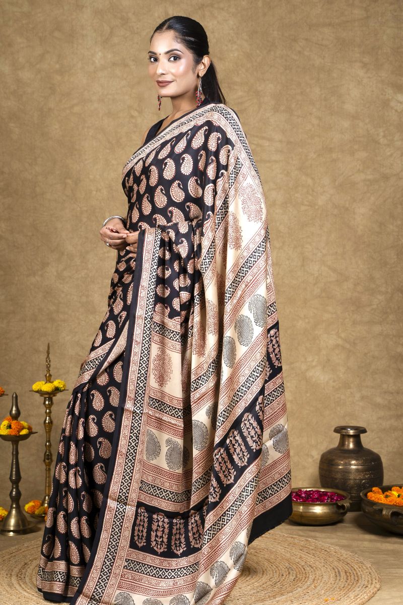 Black Red Paisley Bagh Hand Block Printed Modal Silk Saree