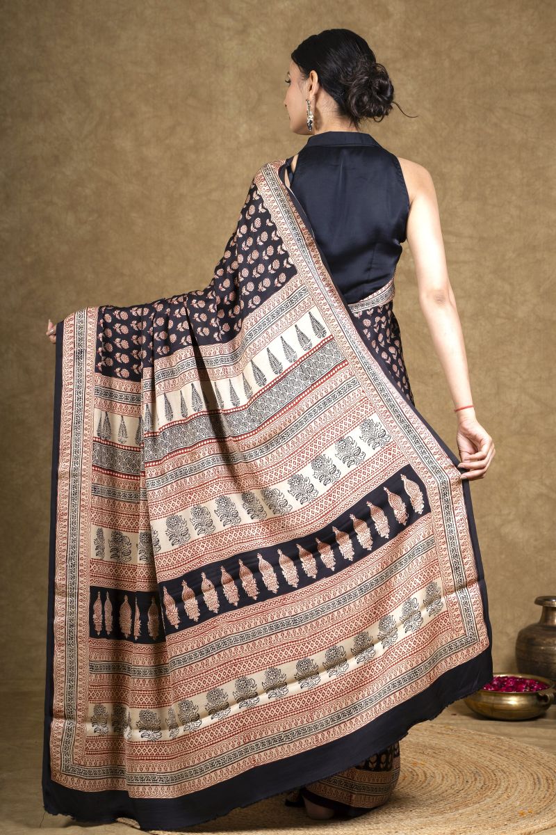 Black Flora Bagh Hand Block Printed Modal Silk Saree