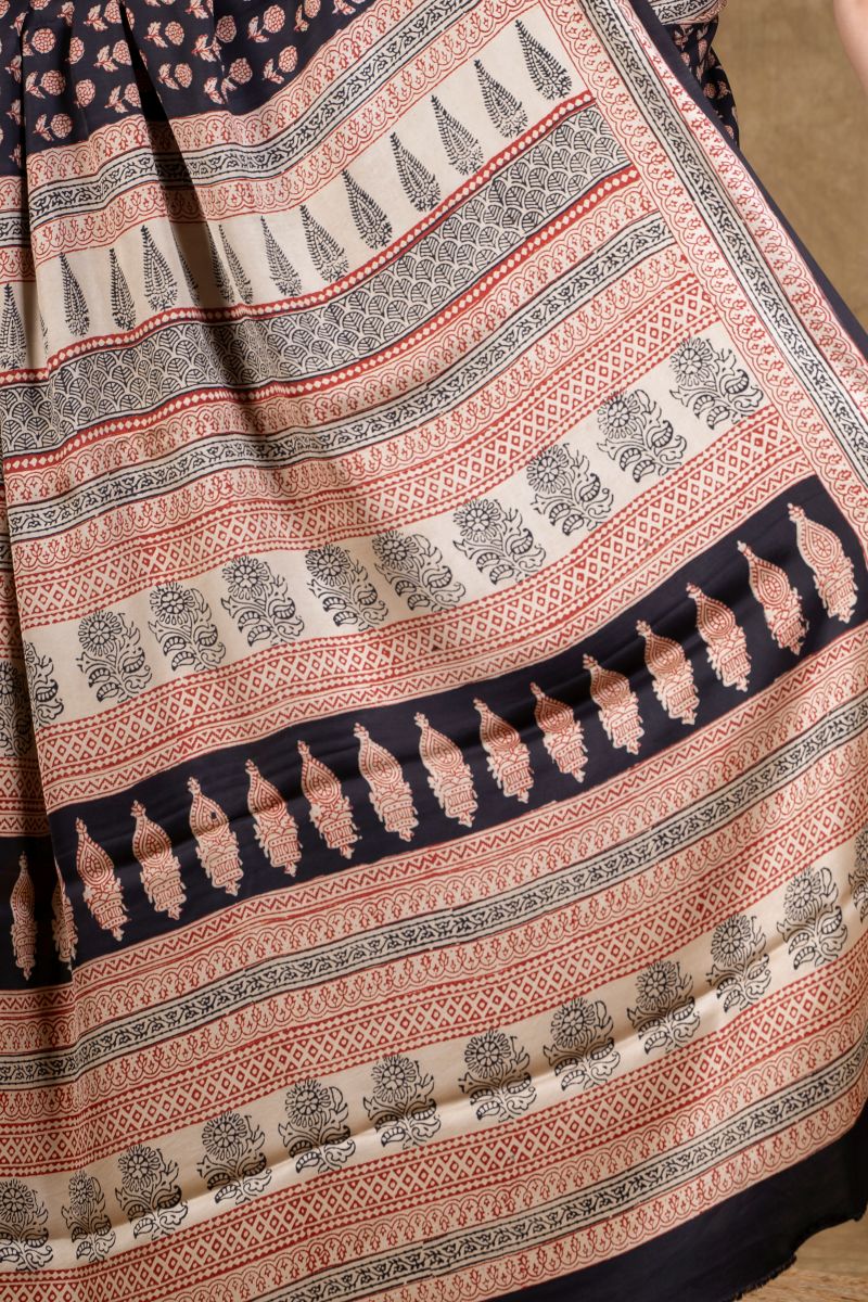 Black Flora Bagh Hand Block Printed Modal Silk Saree