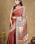 Red Diamond Leaf Bagh Hand Block Printed Modal Silk Saree