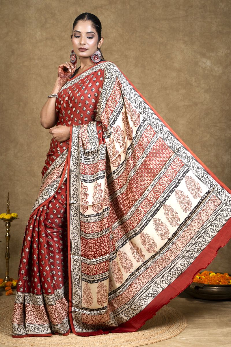Red Diamond Leaf Bagh Hand Block Printed Modal Silk Saree