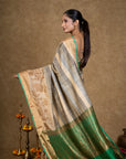 Grey Green Zari Tussar Silk Banarasi Saree