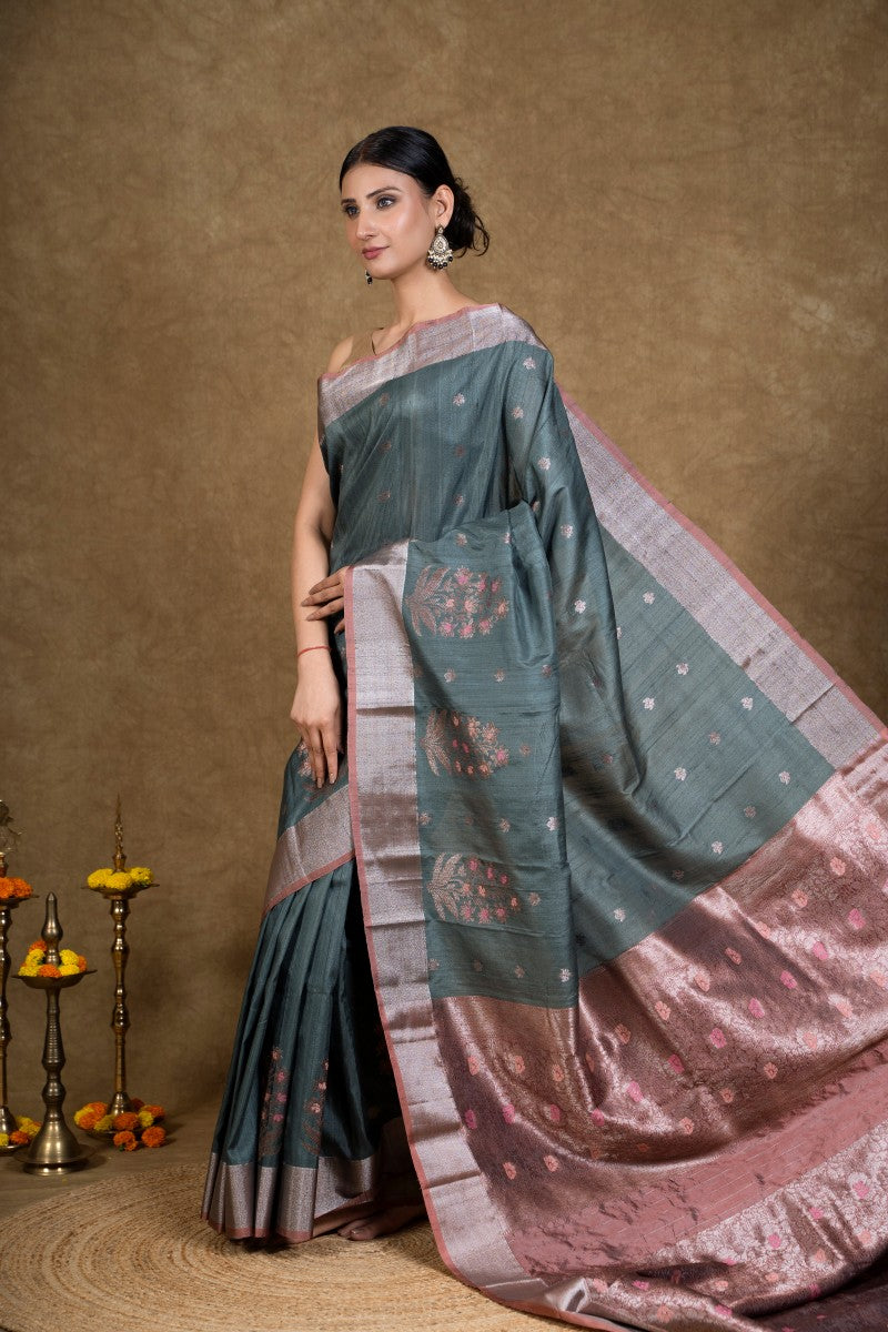 Turquoise Zari Tussar Silk Banarasi Saree