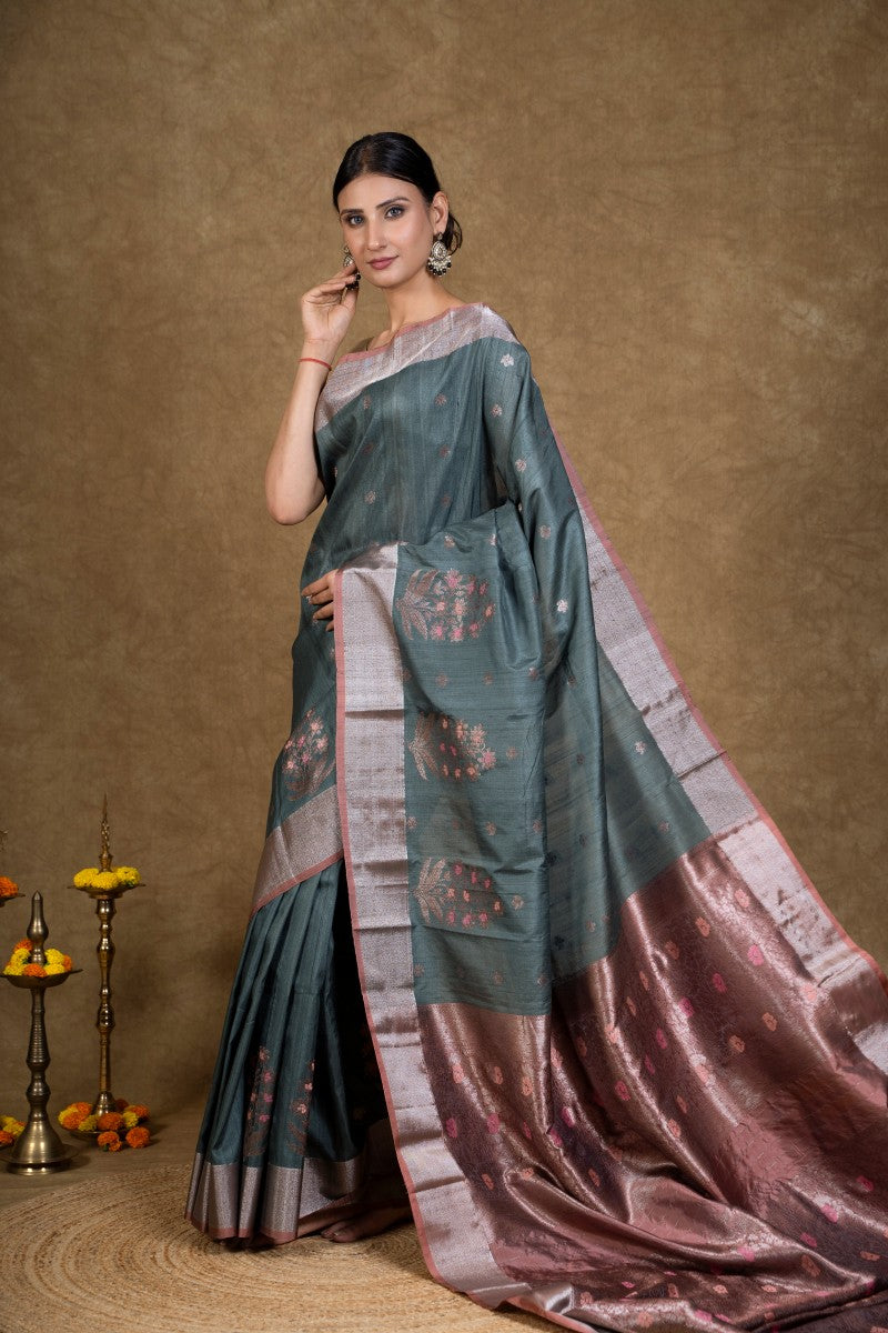 Turquoise Zari Tussar Silk Banarasi Saree