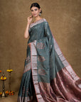 Turquoise Zari Tussar Silk Banarasi Saree