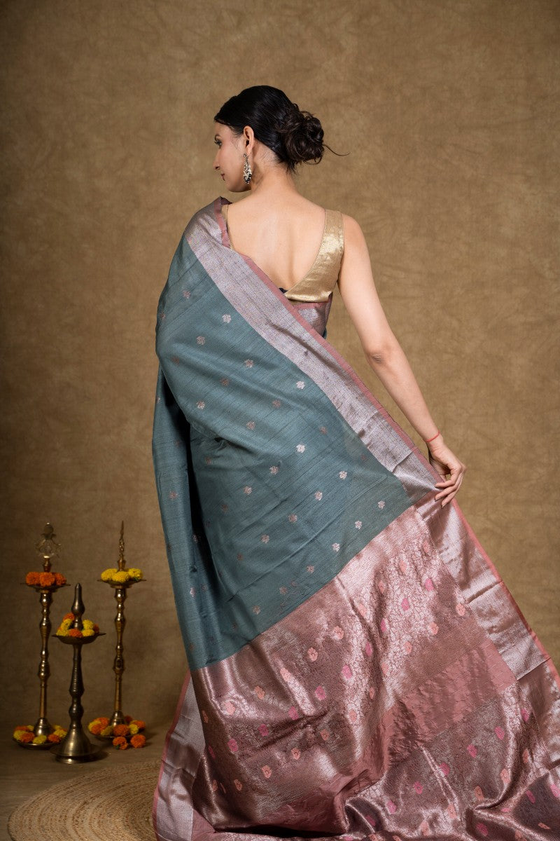 Turquoise Zari Tussar Silk Banarasi Saree
