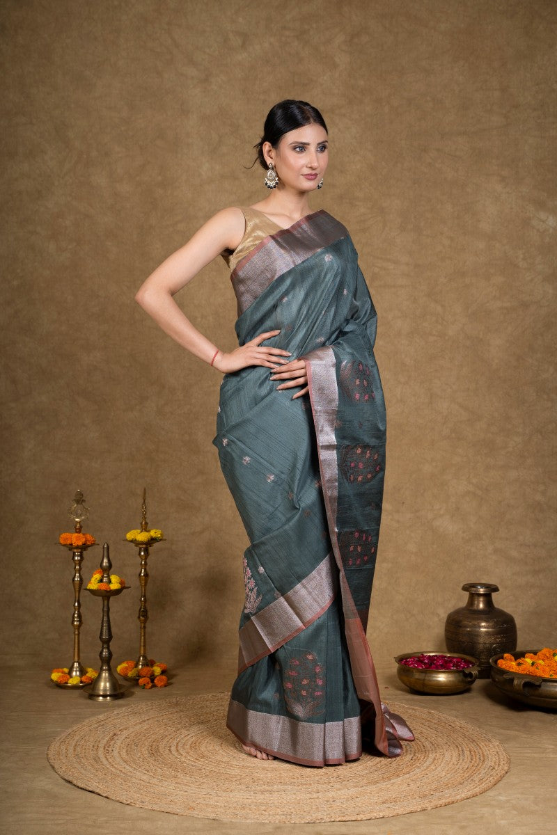 Turquoise Zari Tussar Silk Banarasi Saree