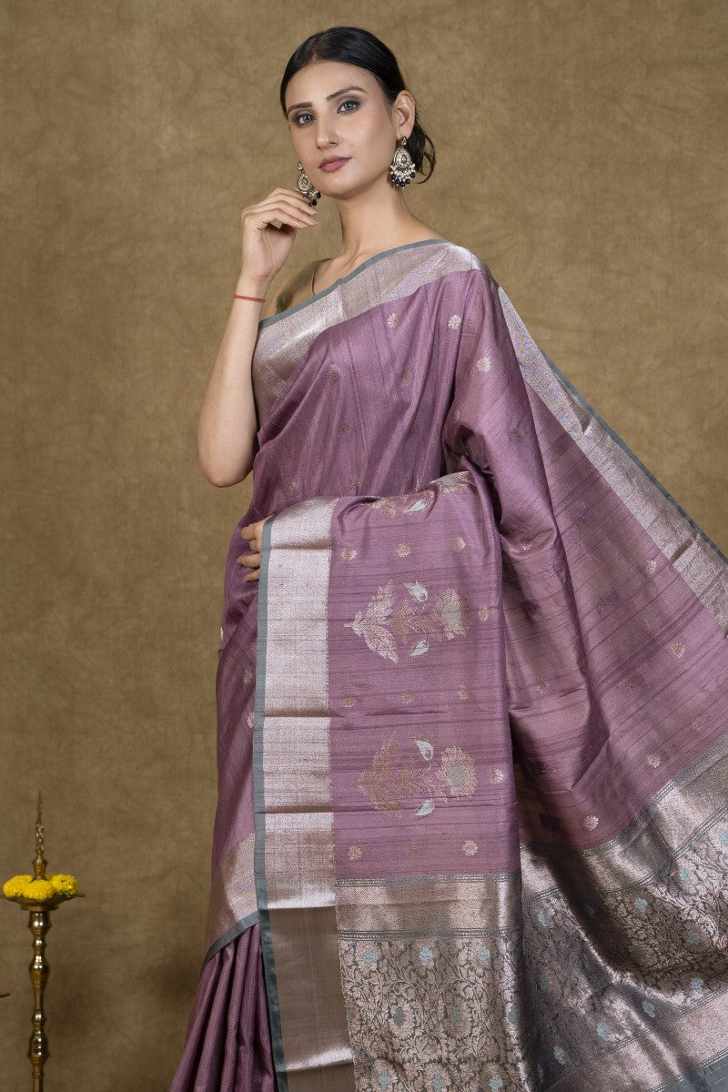 Raspberry Teal Zari Tussar Silk Banarasi Saree