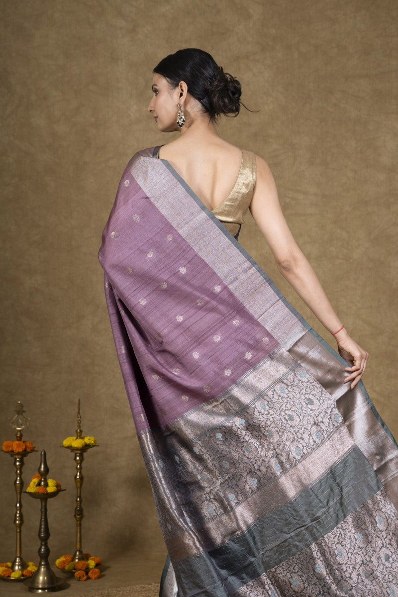 Raspberry Teal Zari Tussar Silk Banarasi Saree