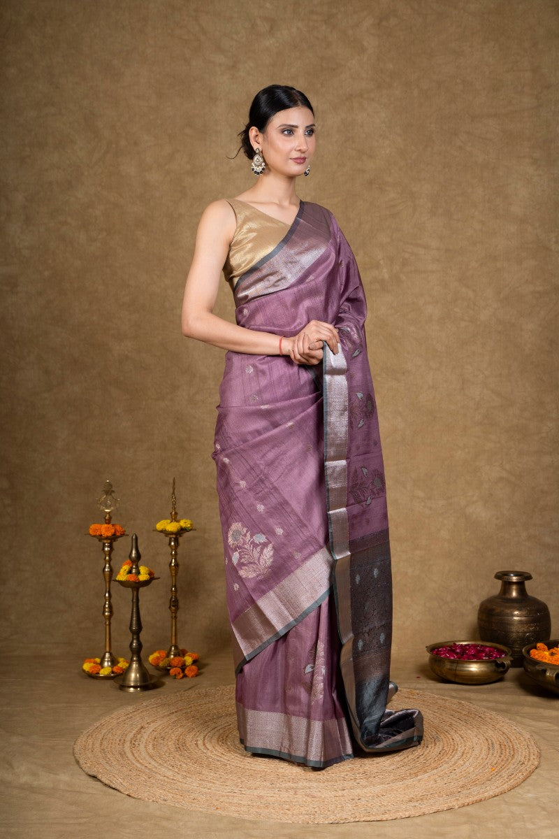 Raspberry Teal Zari Tussar Silk Banarasi Saree