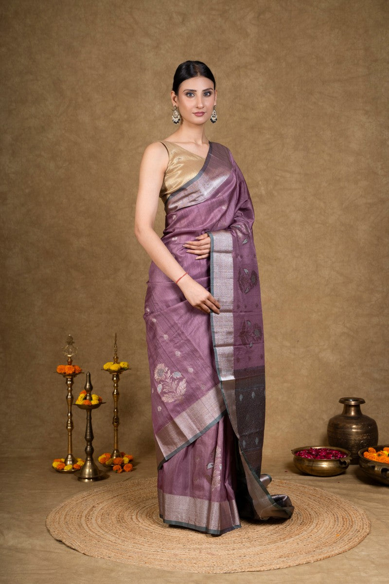 Raspberry Teal Zari Tussar Silk Banarasi Saree