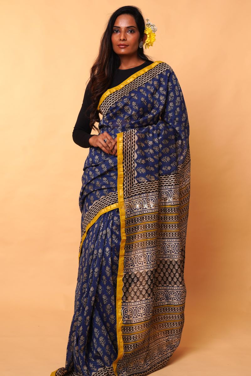 Dabu Hand Block Print Chanderi Silk Saree