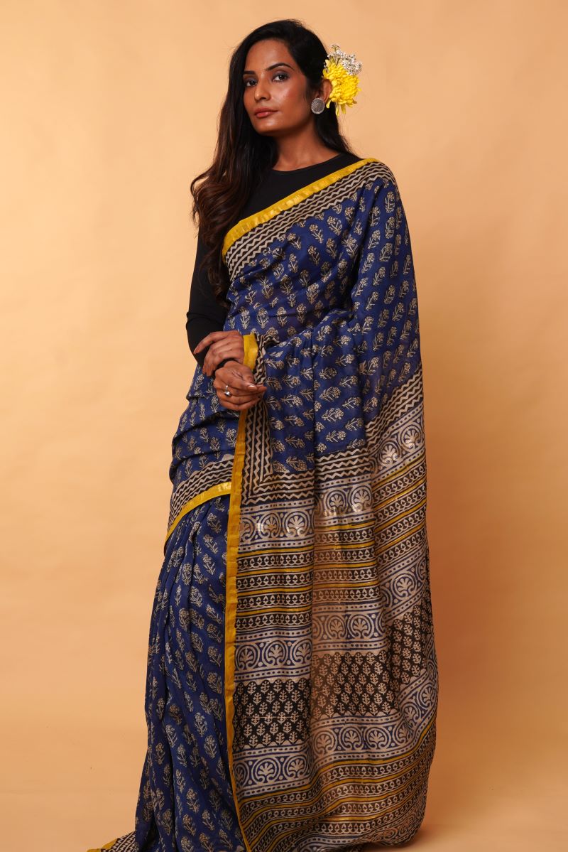 Blue Dabu Print Chanderi Silk Saree