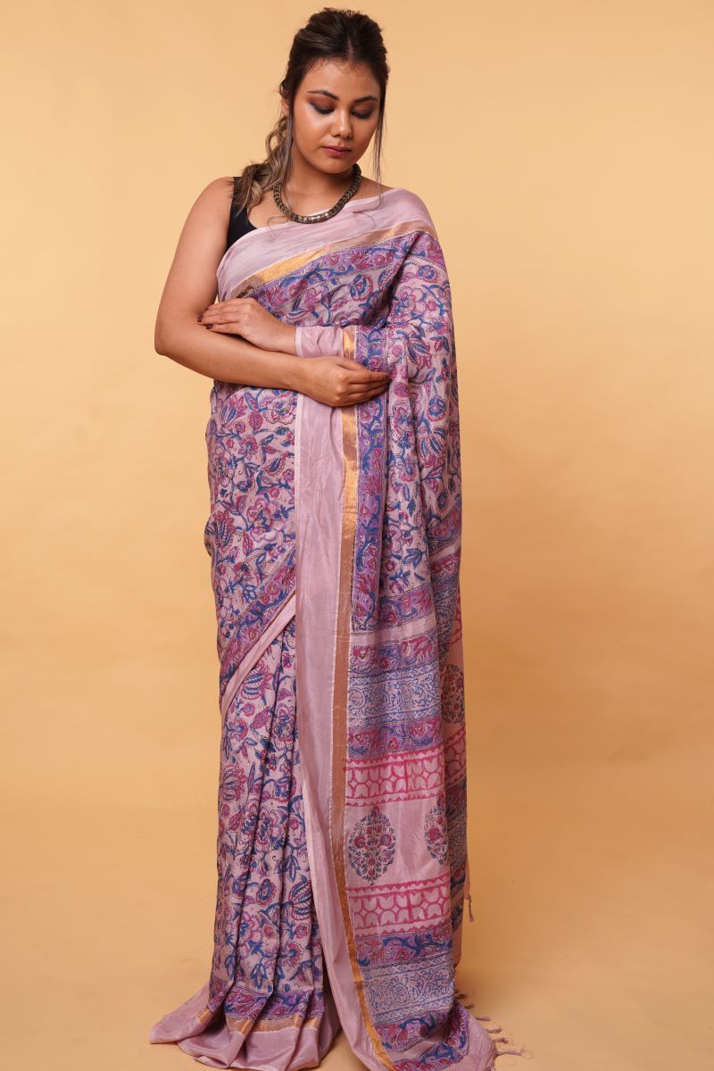 Lavender Flora Dabu Print Mul Cotton Silk Saree