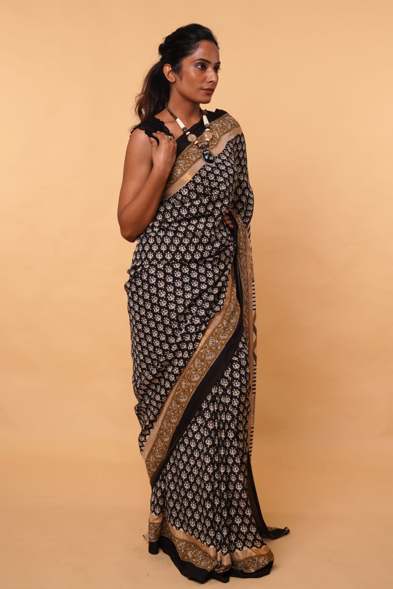 Black Dabu hand block print saree