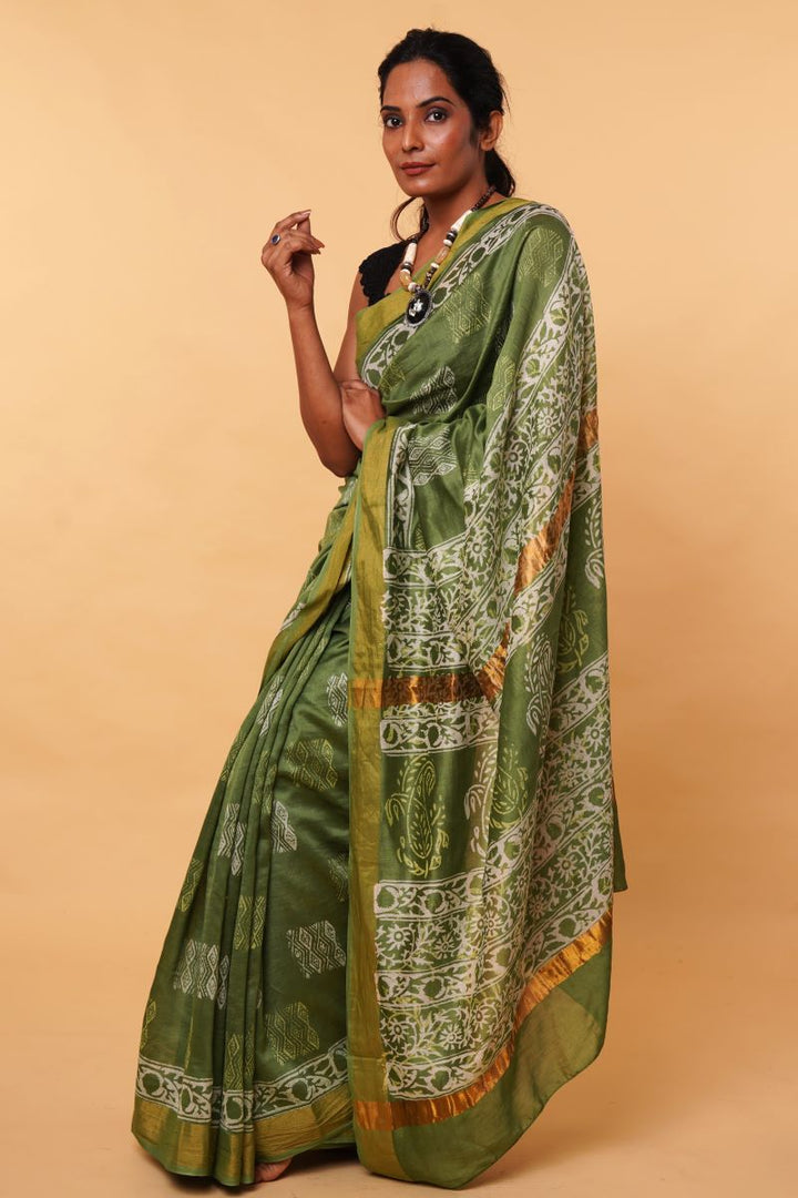 Dabu Hand Block Print Chanderi Silk Saree